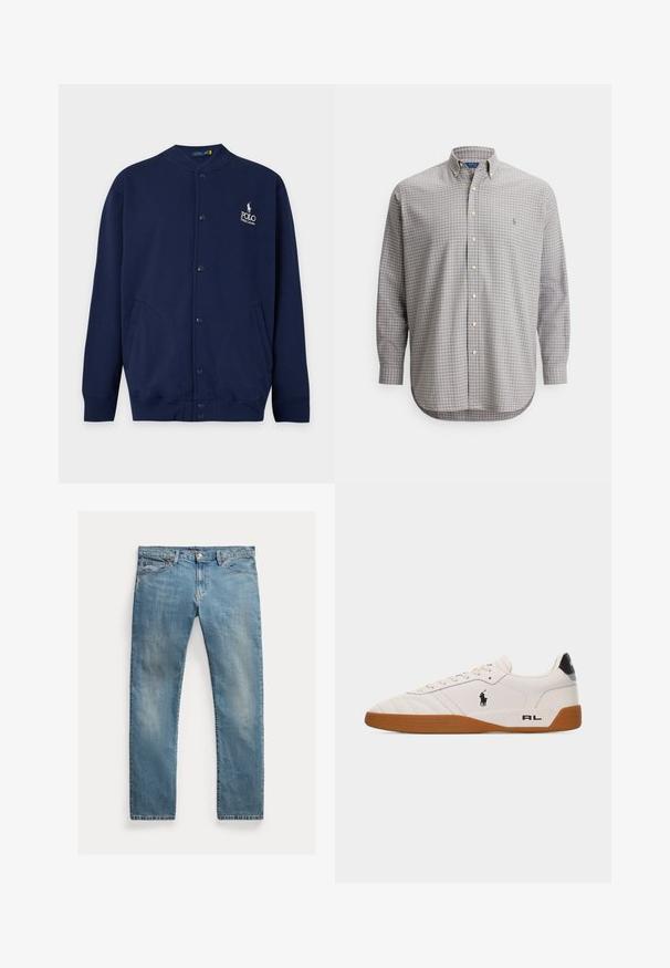 Tumesinine nööpkardigan soonikkoes mansettide ja äärega, vasakul rinnal valge õmmeldud Polo Ralph Laureni logo.; Nupudega särk, valmistatud hallist ja valgest ruudulise mustriga kangast, millel on pikad varrukad, klassikaline krae ja peen logo tikand rinnal.; Hele sinine teksapüksid sirge lõikega, nööbiliuguriga kinnitamine, viis taskut, peen kulumine ja õmbluse aktsendid.; Valge madala lõikega toss pruuni kummist tallaga, must Polo Ralph Laureni logo küljel ja "RL" tekst kandjalosal.