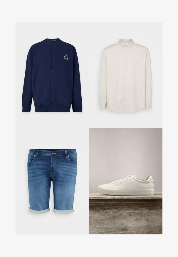 Marineblå cardigan med knapper, ribstrikkede manchetter og kant, med Polo Ralph Lauren-logo broderet i hvidt på venstre bryst.; Langærmet skjorte i lys beige bomuld. Har en klassisk krave, fuld knaplukning og manchetter med knapper. Glat tekstur.; Denim shorts i mellemblå med en let fading, der har knappelukning, fem lommer og opsmøgte kanter for et afslappet look.; Hvide snørresneakers svævende over en træbænk med grønne planter i baggrunden, der fremhæver skodesign og tekstur.