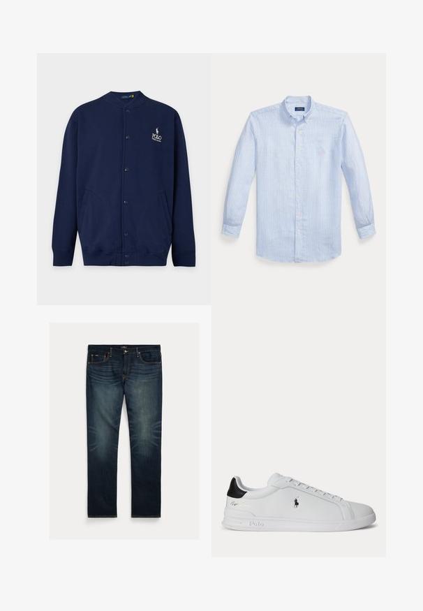 Tmavomodrý kardigán na gombíky so žebrovanými manžetami a lemem, s vyšívaným logom Polo Ralph Lauren v bielej farbe na ľavej strane hrudníka.; Svetlomodrá košeľa s dlhým rukávom na gombíky s bielymi vertikálnymi pruhmi a malým ružovým logom na ľavej strane hrudníka.; Tmavomodré riflové džínsy s priamym strihom nohavíc, jemným vyblednutím v oblasti kolien a oranžovým prešívaním na vreckách a švoch.; Biela nízka teniska s čiernou pätovou pätkou, šnúrkami a logom Polo Ralph Lauren na boku, so zvýraznenými detailmi na podrážke.