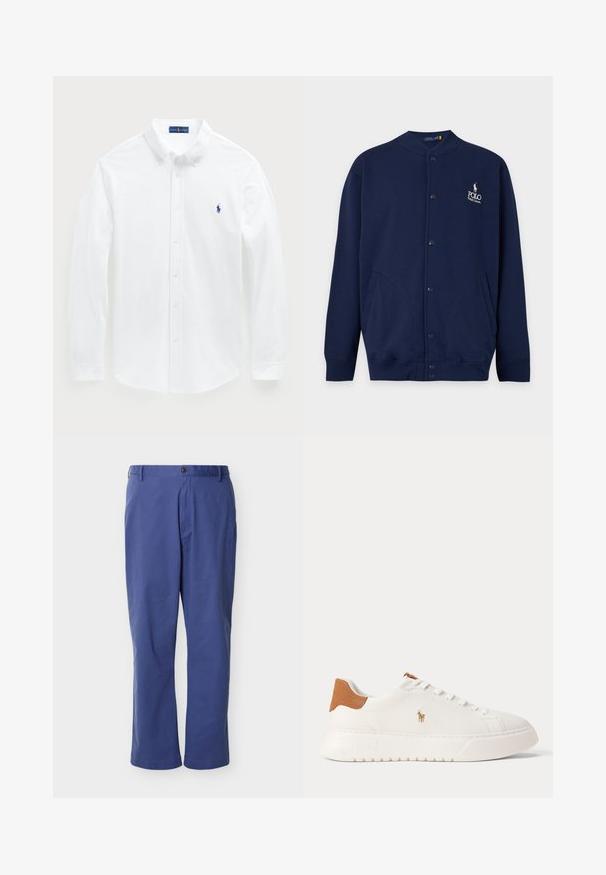 Tmavomodrý kardigán na gombíky so žebrovanými manžetami a lemem, s vyšívaným logom Polo Ralph Lauren v bielej farbe na ľavej strane hrudníka.; Biela košeľa s dlhým rukávom vyrobená z bavlny, s golierom na gombíky a malým modrým logom polo na hrudníku. Hladká textura, klasický strih.; Modré nohavice s rovnými nohavicami, s pútkami na opasok, predným gombíkom a zipsom, zobrazené na jednoduchom svetlosivom pozadí.; Biely nízky teniska s béžovou pätovou záložkou, bielymi šnúrkami a malým vyšívaným logom hráča póla na boku nad tlustou podrážkou.