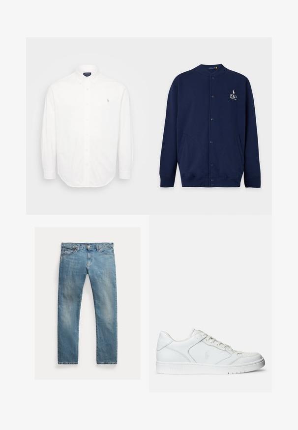 Marineblauer Cardigan mit Knöpfen, gerippten Bündchen und Saum, mit Polo Ralph Lauren Logo in Weiß auf der linken Brust gestickt.; Weißes Langarmhemd mit Button-Down-Kragen, Knöpfen auf der Vorderseite und kleinem gestickten Logo auf der linken Brust. Hergestellt aus Baumwolle.; Hellblaue Jeans aus Denim mit geradem Schnitt, Knopfverschluss, fünf Taschen, dezenten Verblassungen und kontrastierenden Nähten.; Weißer Ledersneaker mit glatter Textur, ausgestattet mit einer perforierten Zehenpartie, Schnürverschluss und gesticktem Logo an der Seite. Weiße Gummisohle.