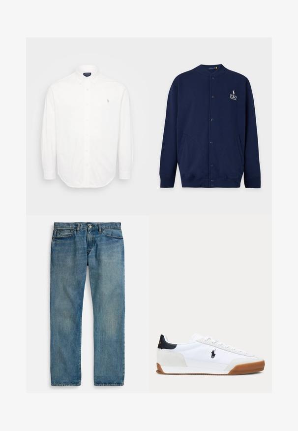Tmavomodrý kardigán na gombíky so žebrovanými manžetami a lemem, s vyšívaným logom Polo Ralph Lauren v bielej farbe na ľavej strane hrudníka.; Biela košeľa s dlhým rukávom, ktorá má golier so zapínaním na gombíky, predné gombíky a malé vyšívané logo na ľavej hrudi. Vyrobené z bavlny.; Svetlomodré rifle z denimu s rovnými nohavicami, vybavené piatimi vreckami, zapínaním na gombík a jemne vyblednutým efektom pre textúru.; Biela nízka teniska s hnedou podrážkou, čiernym záplatou na päte a čiernym logom hráča póla na boku.