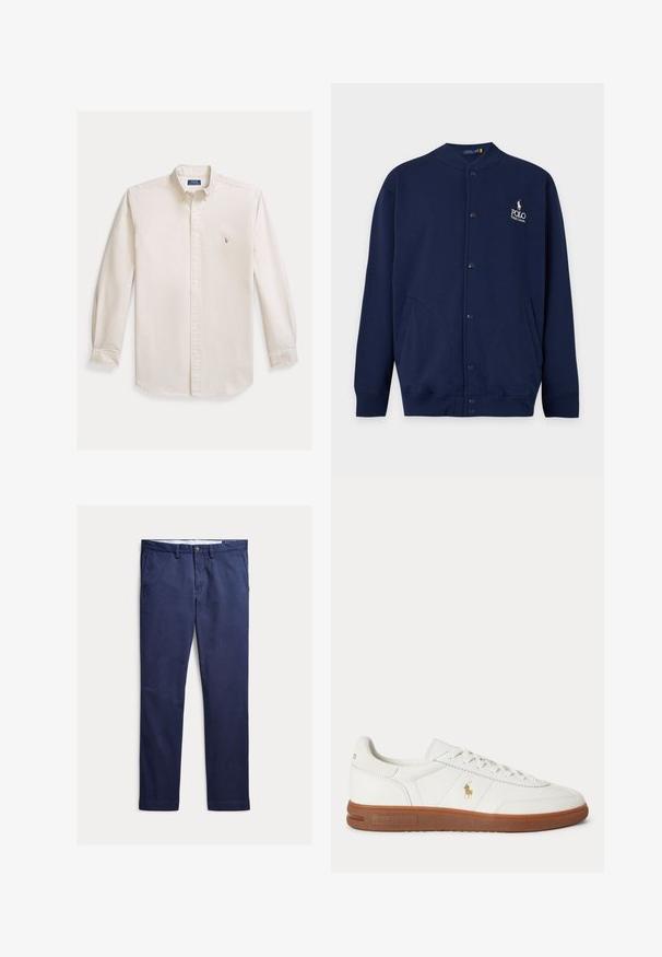 Tmavomodrý kardigán na gombíky so žebrovanými manžetami a lemem, s vyšívaným logom Polo Ralph Lauren v bielej farbe na ľavej strane hrudníka.; Košeľa s dlhým rukávom zapínaná na gombíky, vyrobená z krémovej bavlnenej tkaniny. Má rozšírený golier a malý vyšitý logo na hrudi. Klasický strih.; Tmavomodré nohavice s rovnými nohavicami, s pútkami na opasok, zapínaním na gombík a zips, prednými vreckami a prispôsobeným strihom.; Biele nízke tenisky s hnedou podrážkou, šnurovaním vpredu a malým zlatým logom Polo Ralph Lauren na boku.
