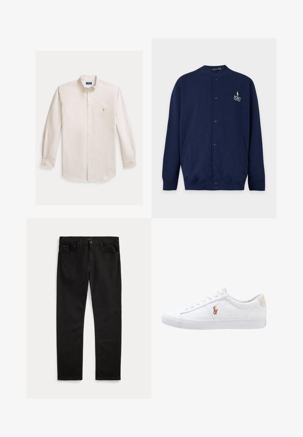 Marineblauer Cardigan mit Knöpfen, gerippten Bündchen und Saum, mit Polo Ralph Lauren Logo in Weiß auf der linken Brust gestickt.; Langarm-Hemd mit Knopfleiste aus cremefarbenem Baumwollstoff. Verfügt über einen Kent-Kragen und ein kleines gesticktes Logo auf der Brust. Klassische Passform.; Schwarze Jeans mit geradem Bein, Vorder- und Gesäßtaschen, Gürtelschlaufen, Knopfverschluss und einem dezenten Markenlabel am Bund und an der Tasche.; Weiße Leinensneaker im Low-Top-Design mit einem beigen Ferseneinsatz und einem kleinen gestickten Logo an der Seite. Gummisohle.