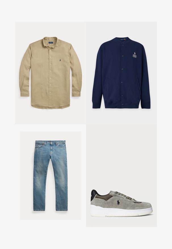 Marineblauer Cardigan mit Knöpfen, gerippten Bündchen und Saum, mit Polo Ralph Lauren Logo in Weiß auf der linken Brust gestickt.; Beige langärmliges Hemd zum Knöpfen mit Kragen, vorderen Knöpfen und kleinem dunkelblau besticktem Logo auf der linken Brust.; Hellblaue Jeans aus Denim mit geradem Schnitt, Knopfverschluss, fünf Taschen, dezenten Verblassungen und kontrastierenden Nähten.; Graue Wildleder-Sneaker mit strukturiertem Obermaterial, kontrastierendem schwarzen Fersenbereich, weißer Sohle und gesticktem Logo. Schnürdesign mit sechs Ösen.
