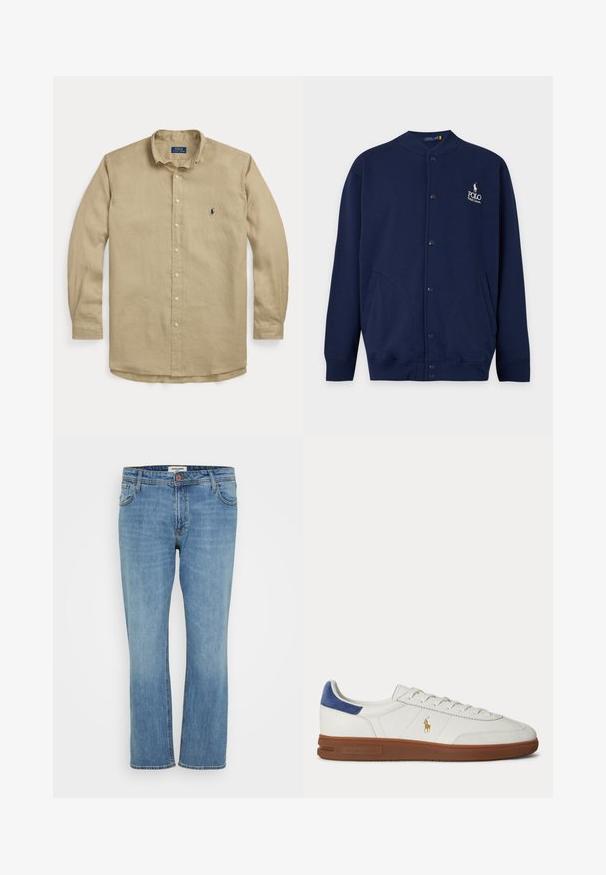 Marineblauer Cardigan mit Knöpfen, gerippten Bündchen und Saum, mit Polo Ralph Lauren Logo in Weiß auf der linken Brust gestickt.; Beige langärmliges Hemd zum Knöpfen mit Kragen, vorderen Knöpfen und kleinem dunkelblau besticktem Logo auf der linken Brust.; Blaue Jeans im geraden Schnitt mit Knopf- und Reißverschluss, Vorder- und Hintertaschen sowie sichtbaren Nähten auf weißem Hintergrund.; Weißer Low-Top Sneaker mit brauner Sohle, blauem Fersenlasche, Schnürsenkeln und goldenem Polo Ralph Lauren Logo an der Seite.