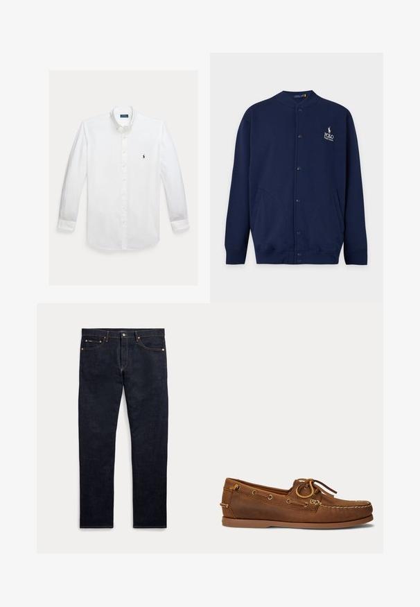 Marineblå cardigan med knapper, ribstrikkede manchetter og kant, med Polo Ralph Lauren-logo broderet i hvidt på venstre bryst.; Hvid skjorte med lange ærmer, knapper foran, krave og lille mørkeblå Polo Ralph Lauren logo broderet på brystet.; Mørkeblå denimjeans med fem lommer, knap- og lynlås-lukning og synlige gyldne syninger, vist fladt på en lys baggrund.; Brun læder bådsko med mokasinsyning, snøredetalje træde gennem metaløjer og flad gummi sål vist fra siden.