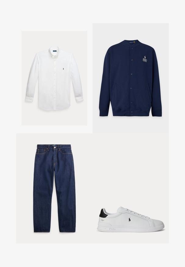 Marineblå cardigan med knapper, ribstrikkede manchetter og kant, med Polo Ralph Lauren-logo broderet i hvidt på venstre bryst.; Hvid skjorte med lange ærmer, knapper foran, krave og lille mørkeblå Polo Ralph Lauren logo broderet på brystet.; Mørkeblå denimjeans med lige ben, fem lommer, knaplukning og synlige syninger.; Hvid lavtop sneaker med sort hælfane, snørebånd og Polo Ralph Lauren-logo på siden, med præget såldetaljer.