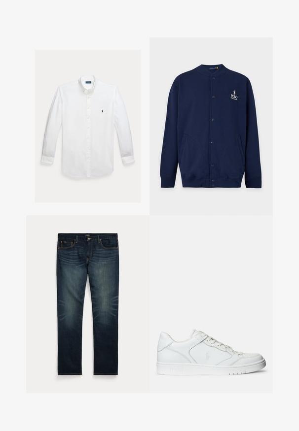 Marineblauer Cardigan mit Knöpfen, gerippten Bündchen und Saum, mit Polo Ralph Lauren Logo in Weiß auf der linken Brust gestickt.; Weißes Hemd mit langen Ärmeln, Knopfleiste, Kragen und kleinem dunkelblauem Polo Ralph Lauren Logo auf der Brust gestickt.; Dunkelblaue Jeans aus Denim mit dezentem Verblassen an den vorderen Oberschenkeln und orangefarbenen Nähten, mit Knopf- und Reißverschluss sowie fünf Taschen.; Weißer Ledersneaker mit glatter Textur, ausgestattet mit einer perforierten Zehenpartie, Schnürverschluss und gesticktem Logo an der Seite. Weiße Gummisohle.