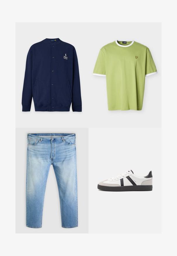 Cardigan bleu marine à boutons, avec poignets et bas côtelés, affichant le logo Polo Ralph Lauren brodé en blanc sur la poitrine gauche.; T-shirt vert clair à manches courtes avec col et bords de manches blancs, arborant un petit logo d'oiseau jaune sur la poitrine gauche.; Jean en denim bleu clair avec détails délavés, fermeture frontale par bouton et fermeture éclair, passants pour ceinture et design à cinq poches.; Baskets blanches avec des accents noirs et gris, présentant un embout texturé gris, une semelle en caoutchouc noir et des lacets plats blancs. Design épuré, style minimaliste.