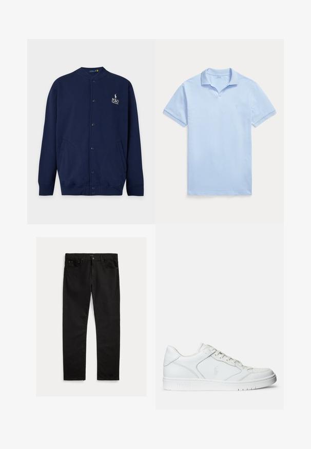 Tmavomodrý kardigán na gombíky so žebrovanými manžetami a lemem, s vyšívaným logom Polo Ralph Lauren v bielej farbe na ľavej strane hrudníka.; Svetlomodré polo s krátkym rukávom, golierom a malým vyšívaným logom na ľavej strane hrudníka na bielom pozadí.; Čierne džínsy z denimového materiálu s rovnými nohavicami, dizajnom s piatimi vreckami a jemnou textúrou. Detail s kovovým gombíkom a zipsom na prednej strane.; Biele kožené tenisky s hladkým povrchom, obsahujúce perforovanú špičku, šnúrkové uzatvorenie a vyšívané logo na boku. Biela gumová podrážka.