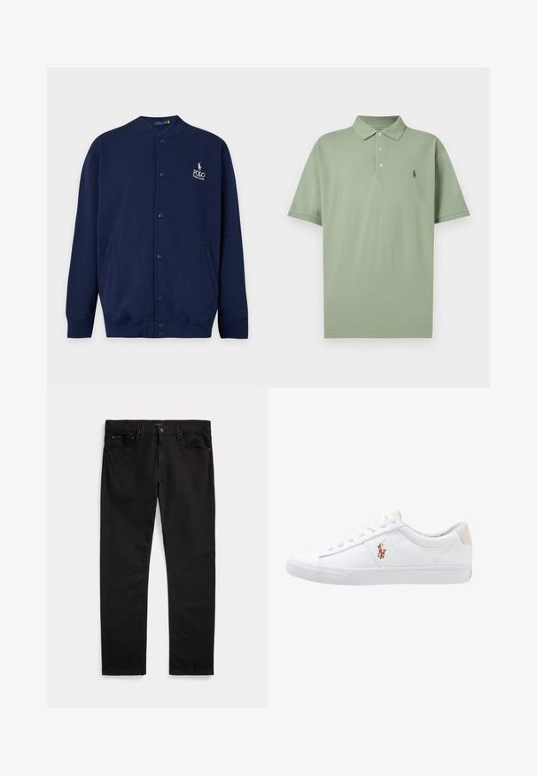Cardigan bleu marine à boutons, avec poignets et bas côtelés, affichant le logo Polo Ralph Lauren brodé en blanc sur la poitrine gauche.; Polo vert clair à manches courtes avec col, trois boutons et un petit logo sombre sur la poitrine gauche.; Jean noir droit avec poches avant et arrière, passants de ceinture, fermeture par bouton et étiquette de marque discrète sur la ceinture et la poche.; Baskets en toile blanches avec un design basse, présentant un onglet de talon beige et un petit logo brodé sur le côté. Semelle en caoutchouc.