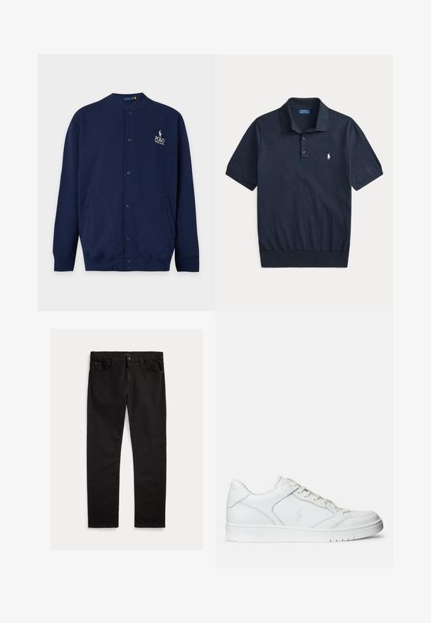 Marineblå cardigan med knapper, ribstrikkede manchetter og kant, med Polo Ralph Lauren-logo broderet i hvidt på venstre bryst.; Mørkeblå polo-shirt med korte ærmer, krave, to knapper og et lille hvidt broderet logo på venstre bryst.; Sorte denim jeans med lige ben, fem-lomme design og subtil tekstur. Metalknap og lynlås lukning.; Hvide lædersneakers med en glat tekstur, der har en perforeret tå, snørebåndslukning og broderet logo på siden. Hvid gummisål.