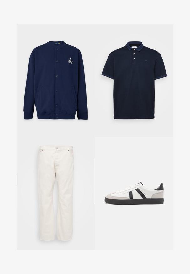 Marineblå cardigan med knapper, ribstrikkede manchetter og kant, med Polo Ralph Lauren-logo broderet i hvidt på venstre bryst.; Marineblå polo shirt lavet af blødt stof, med klassisk krave, tre-knap lukning og kontraststribede detaljer på ærmerne.; Hvide denim jeans med lige ben, der har en knaplukning, bæltestropper og to sidelommer. Glat tekstur, minimal detaljering.; Hvide sneakers med sorte og grå detaljer, med en tekstureret grå tåhætte, sort gummisål og flade hvide snørebånd. Rent design, minimalistisk stil.