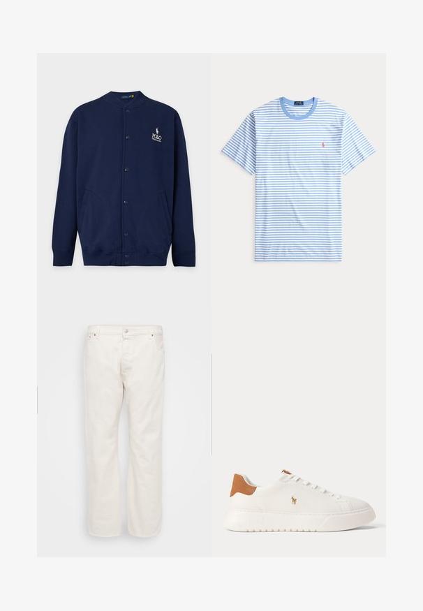 Marineblauer Cardigan mit Knöpfen, gerippten Bündchen und Saum, mit Polo Ralph Lauren Logo in Weiß auf der linken Brust gestickt.; Kurzärmeliges Rundhals-Shirt mit hellblau-weißen horizontalen Streifen und kleinem roten gesticktem Pferdelogo auf der linken Brust.; Weiße Denim-Jeans mit geradem Schnitt, ausgestattet mit einem Knopfverschluss, Gürtelschlaufen und zwei Seitentaschen. Glatte Textur, minimale Details.; Weißer Sneaker mit niedrigem Schaft, beige Fersenlasche, weißen Schnürsenkeln und kleinem, besticktem Polospieler-Logo an der Seite über einer dicken Sohle.