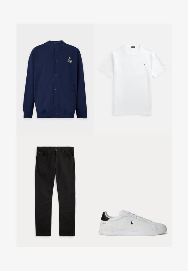 Tmavomodrý kardigán na gombíky so žebrovanými manžetami a lemem, s vyšívaným logom Polo Ralph Lauren v bielej farbe na ľavej strane hrudníka.; Biele bavlnené tričko s okrúhlym výstrihom a krátkymi rukávmi, s malým farebným vyšívaným logom na ľavej strane hrude. Hladká textúra, klasický strih.; Čierne rifle s rovným strihom, prednými a zadnými vreckami, opaskovými očkami, zapínaním na gombík a jemnou značkovou etikou na pásiku a vrecku.; Biela nízka teniska s čiernou pätovou pätkou, šnúrkami a logom Polo Ralph Lauren na boku, so zvýraznenými detailmi na podrážke.