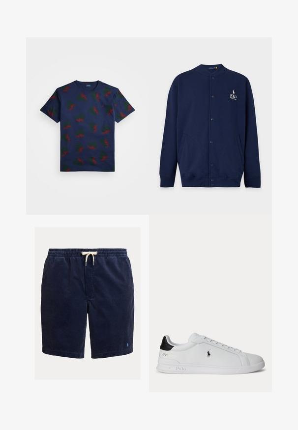 Marineblauer Cardigan mit Knöpfen, gerippten Bündchen und Saum, mit Polo Ralph Lauren Logo in Weiß auf der linken Brust gestickt.; Navyblaue Baumwoll-T-Shirt mit einem sich wiederholenden Muster aus roten und grünen geflügelten Designs. Mit Rundhalsausschnitt und kurzen Ärmeln.; Dunkelblaue Cord-Shorts mit elastischem Bund und weißem Kordelzug. Verfügt über eine vertikale gerippte Textur und ein kleines Logo am Saum.; Weißer Sneaker mit niedrigem Schaft, schwarzem Fersenlasche, Schnürsenkeln und Polo Ralph Lauren Logo an der Seite, mit geprägten Sohlen-Details.