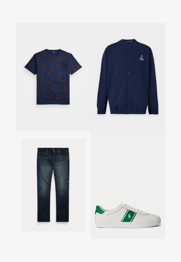 Tumesinine nööpkardigan soonikkoes mansettide ja äärega, vasakul rinnal valge õmmeldud Polo Ralph Laureni logo.; Tumesinine puuvillane t-särk, millel on korduv mustri punaste ja roheliste tiibadega kujundid. Omab ümarat kaela ja lühikesi varrukaid.; Tumesinised teksapüksid sirge säärega, kerge pleekimisega põlvede kohal ning oranžid õmbluse aksendid taskutel ja õmblustel.; Valge madala säärega toss roheline triibu ja Polo logoga küljel, rohelise kandmisega ja valgete paeltega, esitatud vasakult küljelt lihtsal taustal.