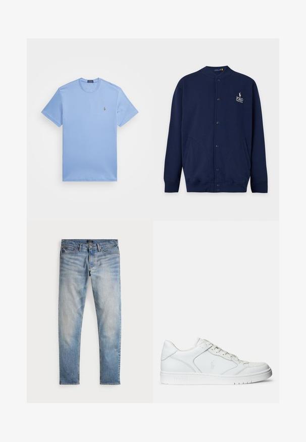 Marineblå cardigan med knapper, ribstrikkede manchetter og kant, med Polo Ralph Lauren-logo broderet i hvidt på venstre bryst.; Lyseblå T-shirt med korte ærmer lavet af blandingsbomuld. Har en rund halsudskæring og et lille broderet logo på venstre bryst.; Lys blå denimjeans med en falmet finish, fem-lomme design og kontraststing. Har lynlås og bæltesløjfer. Lige pasform.; Hvide lædersneakers med en glat tekstur, der har en perforeret tå, snørebåndslukning og broderet logo på siden. Hvid gummisål.