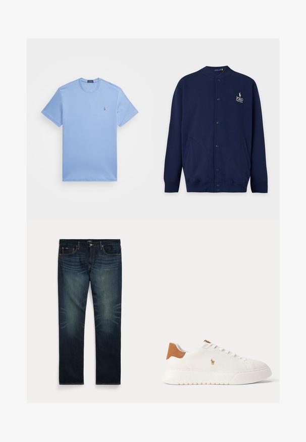 Tmavomodrý kardigán na gombíky so žebrovanými manžetami a lemem, s vyšívaným logom Polo Ralph Lauren v bielej farbe na ľavej strane hrudníka.; Svetlomodré tričko s krátkymi rukávmi vyrobené z bavlnenej zmesi. Má okrúhly výstrih a malé vyšívané logo na ľavej hrudi.; Tmavomodré rifľové nohavice s jemným vyblednutím na predných stehnách a oranžovým prešitím, so zapínaním na gombík a zips a piatimi vreckami.; Biely nízky teniska s béžovou pätovou záložkou, bielymi šnúrkami a malým vyšívaným logom hráča póla na boku nad tlustou podrážkou.