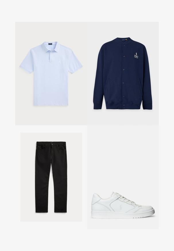 Marineblauer Cardigan mit Knöpfen, gerippten Bündchen und Saum, mit Polo Ralph Lauren Logo in Weiß auf der linken Brust gestickt.; Hellblaues Baumwoll-Polohemd mit kurzen Ärmeln, klassischem Kragen, weißen Akzenten und einem kleinen Logo auf der linken Brust.; Schwarze Denim-Jeans mit geradem Bein, fünf Taschen Design und subtiler Struktur. Metalknopf und Reißverschluss als Verschlussdetail.; Weißer Ledersneaker mit glatter Textur, ausgestattet mit einer perforierten Zehenpartie, Schnürverschluss und gesticktem Logo an der Seite. Weiße Gummisohle.