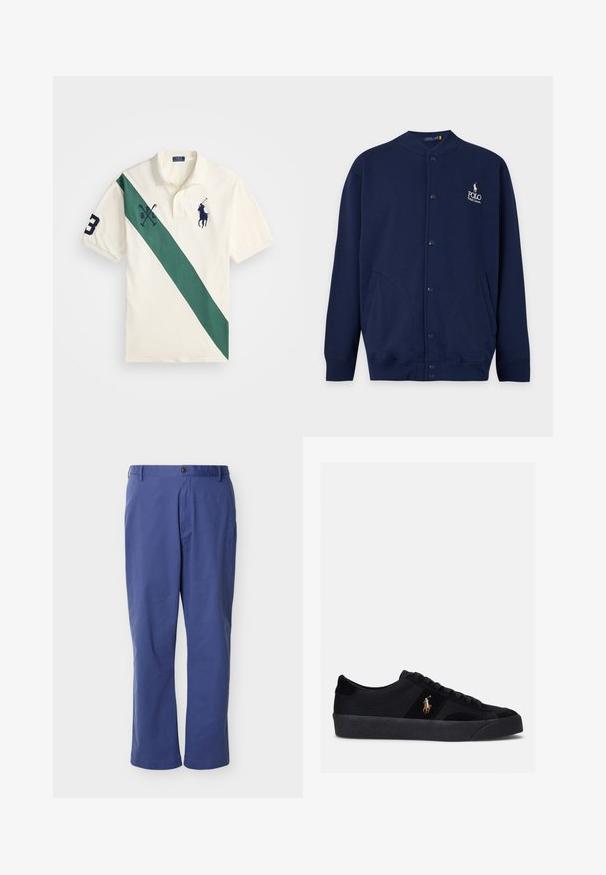 Marineblå cardigan med knapper, ribstrikkede manchetter og kant, med Polo Ralph Lauren-logo broderet i hvidt på venstre bryst.; Polo skjorte i cremet farve med en skrå grøn stribe, der har marineblå broderi af en polospiller, "P" logo og nummer "3" på ærmet.; Blå straight-leg bukser med bæltestropper, knaplukning foran og lynlås, vist mod en ensfarvet lys grå baggrund.; Sorte sneakers med overdel i stof og ruskind, rund tå, flad gummisål og broderet logo på siden. Snørebåndsdesign med seks snørehuller.
