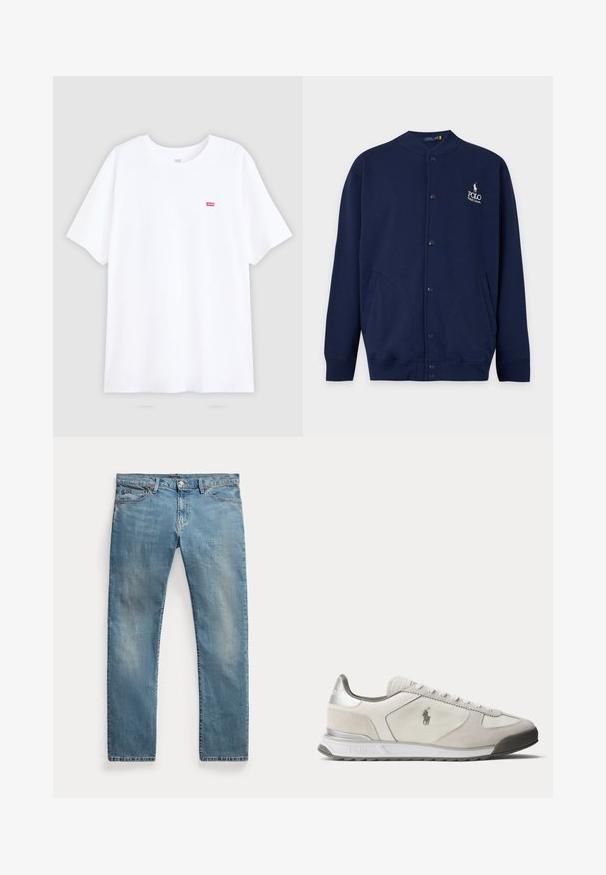 Marineblå cardigan med knapper, ribstrikkede manchetter og kant, med Polo Ralph Lauren-logo broderet i hvidt på venstre bryst.; Hvid bomulds t-shirt med korte ærmer og rund halsudskæring. Har et lille rødt Levi's logo på venstre bryst. Flad design, uden mønstre.; Lyseblå straight-leg denim jeans med forlommer, bæltestropper, knaplukning og let falmede detaljer.; Lavprofileret hvid og lysegrå sneaker med Polo-logo på siden, snørelukning foran og sølvaccent på hælen.