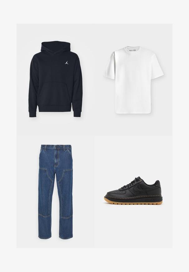 Zwarte hoodie gemaakt van een katoenmix, met een voorste kangoeroezak en een wit Air Jordan-logo op de borst.; Effen wit T-shirt met korte mouwen en een ronde hals, plat liggend op een lichtgrijze achtergrond met een klein merkje aan de binnenkant van de halslijn.; Blauwe spijkerbroek met een rechte pijp, voorzakken en contrasterende stiksels. De stof heeft een klassieke textuur en afwerking.; Zwarte leren sneaker met textuur, ronde neus, geperforeerde details en een gumrubberen zool. Heeft contrasterende gele stiksels en logo.