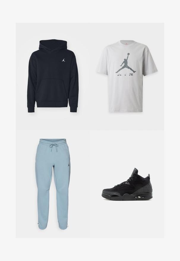 Sort hættetrøje lavet af en bomuldsblanding, med en front kangaroo-lomme og et hvidt Air Jordan-logo på brystet.; Hvid T-shirt med korte ærmer med grå silhuet af en basketballspiller, der hopper, og ordet "AIR" trykt under figuren.; Lysblå sweatpants lavet af blødt stof, med elastisk talje og snøre, sidelommer og et lille sort logo på låret.; Sort høj top sneaker med snørelukning foran, mønstrede sidepaneler, synlig luftsål og polstret ankelkrave på hvid baggrund.