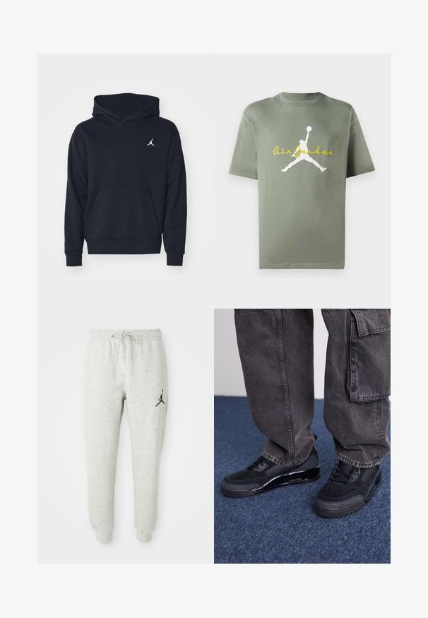 Sort hættetrøje lavet af en bomuldsblanding, med en front kangaroo-lomme og et hvidt Air Jordan-logo på brystet.; Olivengrøn bomulds T-shirt med rund hals, der har et hvidt Air Jordan logo og gul tekst nedenfor. Korte ærmer, afslappet pasform.; Grå svedbukser med elastisk talje og snøre, med et sort Jumpman-logo på venstre ben, lavet af blødt, tekstureret stof.; Sorte sportsko med en struktureret overflade, glatte detaljer og en kraftig sål, der er parret med mørke, løstsiddende cargo-bukser.