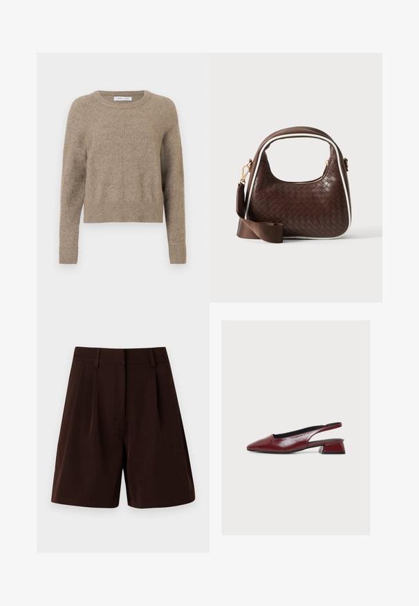 Beige crew-neck sweater lavet af blødt stof. Har ribbede manchetter og kant, med et let cropped design og minimal tekstur.; Brune plisserede shorts lavet af letvægtsstof. Har en klassisk talje og sidelommer, med en lige pasform og kantede kanter.; Bordeauxrød læder slingback-sko med spids tå og lav blokhæl, vist fra siden på hvid baggrund.; Brun vævet læderhåndtaske med hvid piping, guldfarvet lynlås og aftagelig brun stofskulderrem.