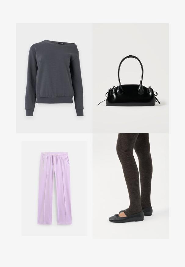 Grijze sweatshirt gemaakt van zacht materiaal, met een ronde hals, lange mouwen en een iets verkorte zoom met geribbelde manchetten en tailleband.; Lichtpaarse sweatpants met rechte pijpen, een elastische tailleband, verstelbare trekkoorden en ritszakken aan de zijkanten.; Benen met donkere geribbelde leggings gecombineerd met zwarte ballerina's met kleine strikdetails op een witte achtergrond.; Kleine zwarte glanzende handtas met twee lange hengsels en zijkant trekkoord details op een effen lichte achtergrond.