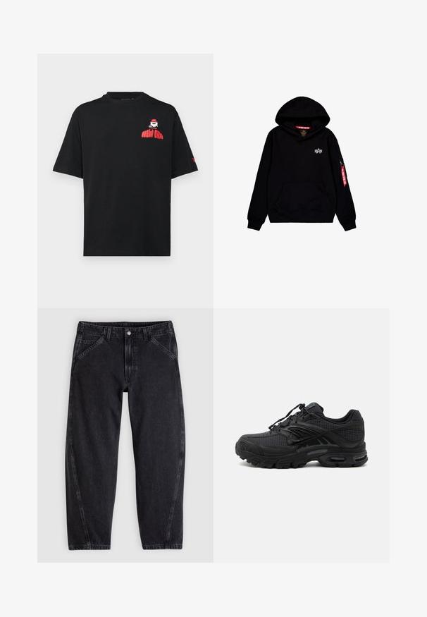 Schwarzer Hoodie mit einer vorderen Tasche, einer Kapuze mit Kordelzug und weißem Logo auf der Brust. Verfügt über eine seitliche Tasche mit Reißverschluss und einem roten Etikett.; Schwarzes Baumwoll-T-Shirt mit kurzen Ärmeln, rundem Ausschnitt und rographic "NEW ERA" auf der linken Brust. Einfaches, lockeres Design.; Schwarze Jeans aus Denim mit lockerem Schnitt, ausgestattet mit einem normalen Bund, einem Fünf-Taschen-Design und Kontrastnähten entlang der Nähte.; Schwarzer athletischer Sneaker mit strukturiertem Stoff, dicker gepolsterter Sohle, Luftauslässen und Schnürverschluss, von der Seite auf hellem Hintergrund gezeigt.