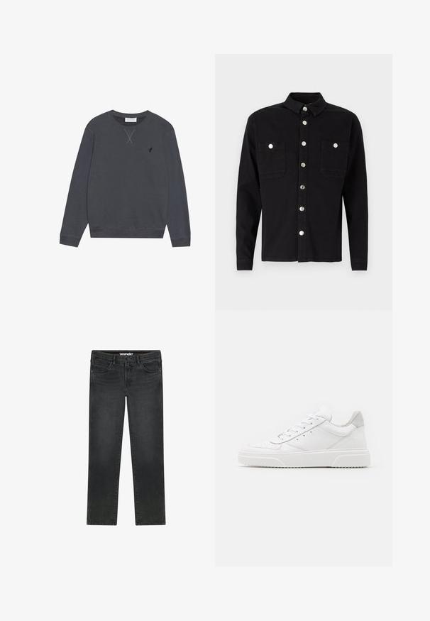 Sudadera de color gris oscuro, material de algodón, cuello redondo, mangas largas, presenta un detalle de costura en forma de X en el escote, pequeño logotipo en el lado izquierdo del pecho.; Denim Project DPMDPLOOSE OVERSIZED DENIM SHIRT - Camisa - black washed; Vaqueros Wrangler negros de corte recto con botón delantero, cremallera, trabillas para el cinturón y diseño de cinco bolsillos sobre fondo blanco.; Zapatillas de cuero blanca con un acabado suave, punta redondeada, cordones planos y una suela texturada. Acento de ante gris en el talón.