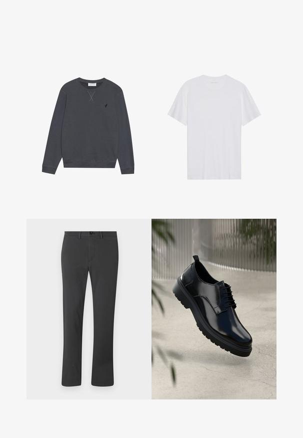 Sweatshirt gris foncé, en coton, col rond, manches longues, avec un détail de couture en X au niveau du col, petit logo sur la poitrine gauche.; T-shirt en coton blanc à manches courtes, col rond et texture lisse. Présente un branding minimal au niveau du col.; Pantalon noir en tissu lisse, avec une coupe droite, fermeture éclair, bouton et passants de ceinture. Style basique et fonctionnel.; Chaussure en cuir noir avec une finition brillante, bout rond, design à lacets, surpiqûres contrastantes, et semelle épaisse en caoutchouc avec motifs de relief.