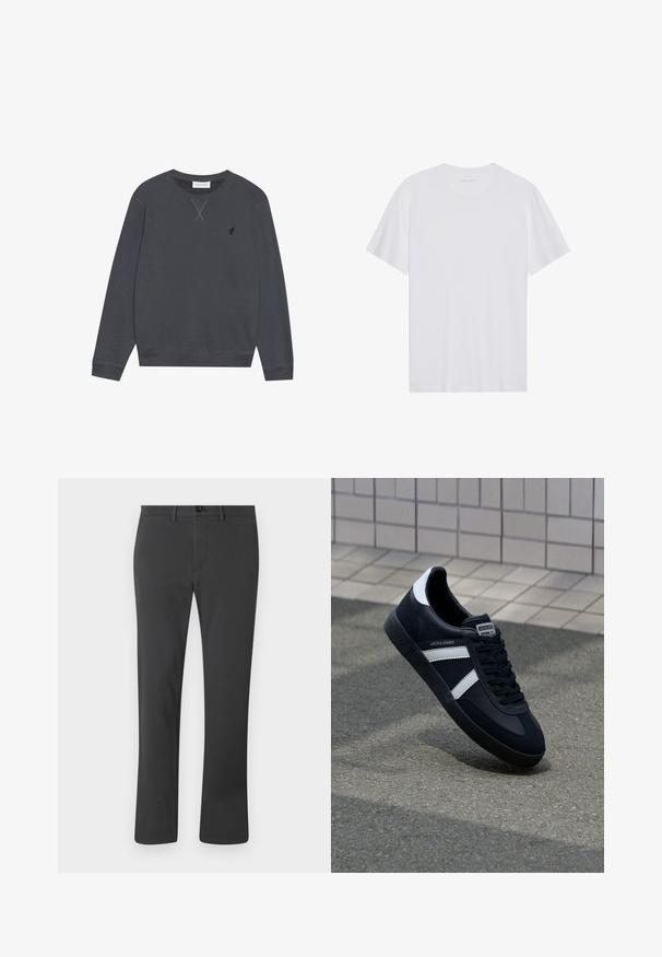 Sweatshirt gris foncé, en coton, col rond, manches longues, avec un détail de couture en X au niveau du col, petit logo sur la poitrine gauche.; T-shirt en coton blanc à manches courtes, col rond et texture lisse. Présente un branding minimal au niveau du col.; Pantalon noir en tissu lisse, avec une coupe droite, fermeture éclair, bouton et passants de ceinture. Style basique et fonctionnel.; Sneaker en cuir noir avec des rayures blanches, semelle en caoutchouc texturée et devant à lacets. Présente une étiquette de marque sur la languette.
