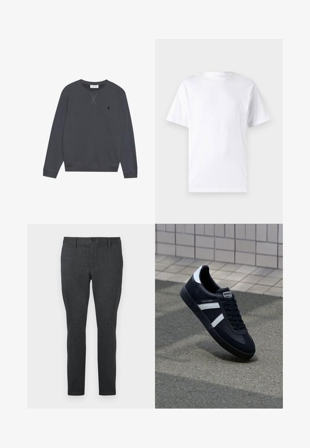 Sweatshirt gris foncé, en coton, col rond, manches longues, avec un détail de couture en X au niveau du col, petit logo sur la poitrine gauche.; T-shirt blanc à manches courtes en coton avec un col rond, présentant une texture lisse et un design simple, sans motifs ni accents.; Pantalon gris foncé avec un motif texturé, coupe slim, taille standard avec un bouton unique, et jambes droites, conçu pour un look moderne.; Sneaker en cuir noir avec des rayures blanches, semelle en caoutchouc texturée et devant à lacets. Présente une étiquette de marque sur la languette.