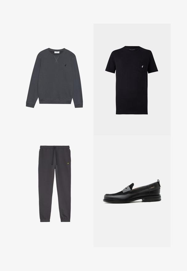 Sudadera de color gris oscuro, material de algodón, cuello redondo, mangas largas, presenta un detalle de costura en forma de X en el escote, pequeño logotipo en el lado izquierdo del pecho.; Camiseta de algodón negra con mangas cortas, cuello redondo y un bolsillo frontal con un pequeño logotipo de pájaro blanco. Textura suave y diseño sencillo.; Pantalones de chándal gris oscuro, hechos de una tela suave, con una cintura elástica con cordón, puños en los tobillos y un pequeño logotipo amarillo en el muslo izquierdo.; Mocasín de cuero negro con detalle de tira gris, tacón bajo y suela texturizada, con la marca "HUGO" en oro en el lateral.