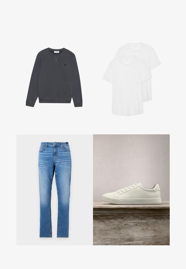 Tmav gray mikina, bavlnený materiál, okrúhly výstrih, dlhé rukávy, s X-štepovaním detail na výstrihu, malé logo na ľavej hrudi.; Dvoje bielych tričiek s krátkym rukávom vyrobených z bavlny, s obyčajným okrúhlym výstrihom, jemnou textúrou a jednoduchým, nezdobeným dizajnom.; Svetlo modré džínsy s rovnom strihom, päť vreckovým dizajnom, predným zapínaním na gombík a jemným vyblednutím na stehnách.; Biele šnurovacie tenisky sa vznášajú nad drevenou lavicou so zeleným porastom v pozadí, predvádzajúc design a textúru topánok.