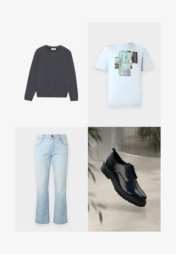 Tummanharmaa collegepaita, puuvillamateriaali, pyöreä kaula-aukko, pitkät hihat, kauluksessa X-ommeltu yksityiskohta, pieni logo vasemmassa rinnassa.; TOM TAILOR Printtipaita - light metal blue; Vaaleansiniset farkut keskitason vyötäröllä, napin ja vetoketjun suljenta, etutaskut ja hieman liehuvat lahkeet.; Musta nahkakenkä, jossa on kiiltävä pinta, pyöreä kärki, nauhakiinnitys, kontrastiväriset saumat ja paksu kumipohja, jossa on profiilikuviot.