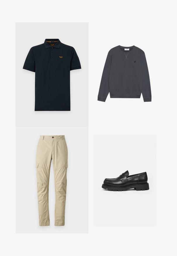 Dunkelgrauer Sweatshirt, Baumwollmaterial, Rundhalsausschnitt, lange Ärmel, mit X-Nähten am Ausschnitt, kleines Logo auf der linken Brust.; Dunkelblaues kurzärmeliges Poloshirt mit drei Knöpfen, Kragen und kleinem orangefarbenem PME Legend Logo auf der linken Brust.; Beige Cargo-Hosen aus leichtem Material, mit mehreren Taschen, einem Knopfverschluss und einem schmal zulaufenden Beinschnitt. Glatte Textur.; Schwarzer Lederloafer mit dicker, profilierter Sohle und Pennyriemen-Detail, von der rechten Seitenansicht auf weißem Hintergrund gezeigt.