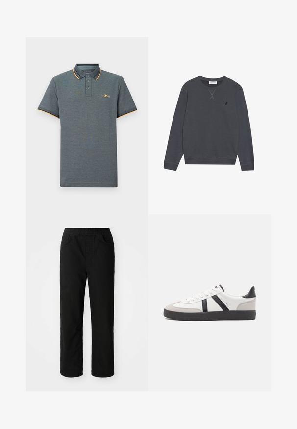 Sudadera de color gris oscuro, material de algodón, cuello redondo, mangas largas, presenta un detalle de costura en forma de X en el escote, pequeño logotipo en el lado izquierdo del pecho.; Polo gris con una tela texturizada, que presenta una tapeta de tres botones, acentos en color azul claro y naranja en el cuello, y un pequeño logo en el pecho.; Pantalones de algodón negros con un ajuste relajado, cinturilla elástica, dos bolsillos delanteros y piernas rectas. Textura suave sin patrones visibles.; Zapatilla blanca con acentos en negro y gris, que presenta una puntera texturizada en gris, suela de goma negra y cordones planos blancos. Diseño limpio, estilo minimalista.