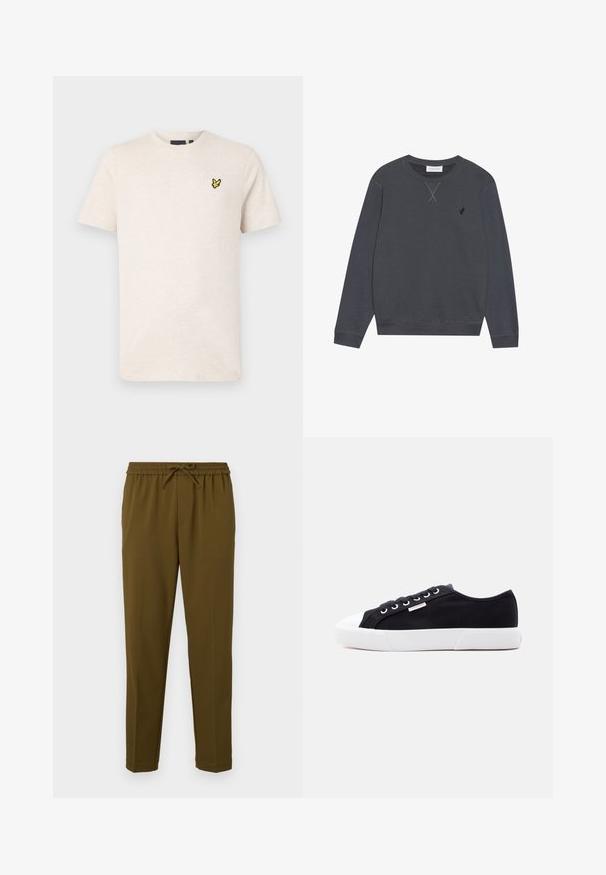 Mørkegrå sweatshirt, lavet af bomuldsmateriale, rund hals, lange ærmer, med X-søm detalje ved halslinjen, lille logo på venstre bryst.; Beige kortærmet t-shirt med rund halsudskæring og lille gul fuglelogo på venstre bryst, vist på en ensfarvet baggrund.; Oliven grønne, letvægtsbukser med elastisk talje og justerbar snor. Har lige ben og ingen lommer. Glat tekstur.; Sort lavt lærredssneaker med hvid gummisål og tåhætte, metalknaphuller og et lille Calvin Klein-logo på siden.