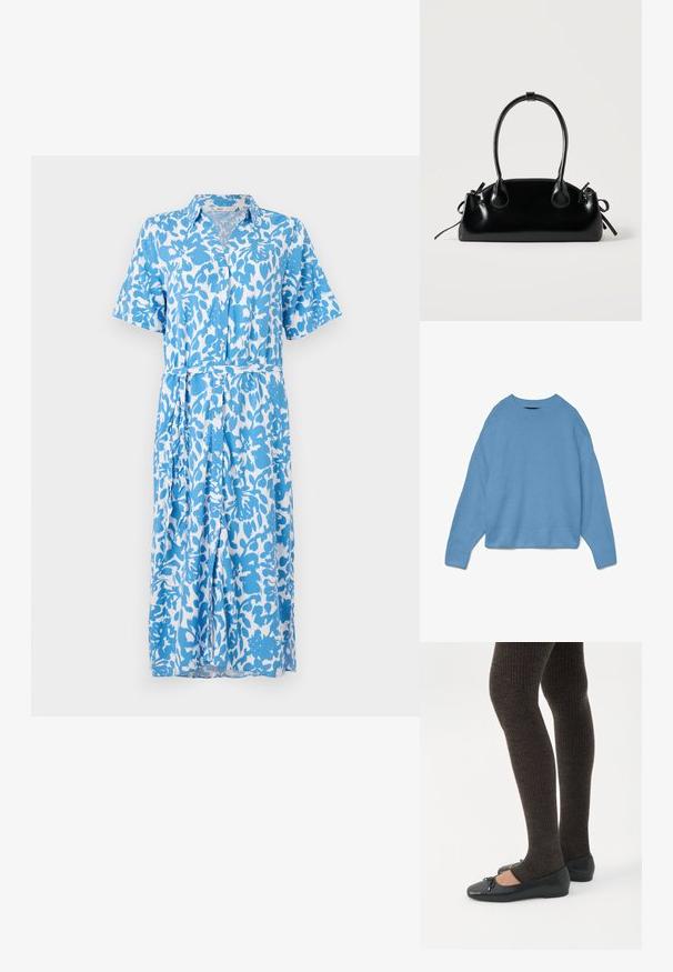 Suéter de punto azul claro con escote redondo, diseño de hombros caídos y puños y dobladillo acanalados. Textura suave, corte relajado.; Vestido de camisa de manga corta en un patrón floral azul y blanco, con cierre de botones, cuello, cinturón en la cintura y dobladillo a la altura de la rodilla. Textura de tela suave.; Piernas con leggings oscuros acanalados combinados con bailarinas negras que presentan pequeños detalles de lazo sobre un fondo blanco.; Pequeño bolso negro brillante con dos asas largas y detalles de cordón lateral sobre un fondo claro liso.