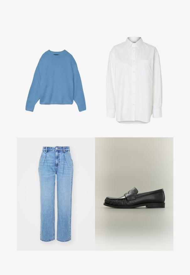 Pull en tricot bleu clair avec un col rond, des épaules tombantes et des poignets et un ourlet côtelés. Texture douce, coupe décontractée.; Chemise blanche à manches longues boutonnée avec col pointu et poche poitrine, présentée sur un fond uni.; Jean en denim bleu clair avec une taille haute, une coupe large et des plis à l'avant. Présente une couture typique et une fermeture à bouton à la taille.; Mocassin penny en cuir noir avec détail plissé au bout et talon bas empilé, vu de côté sur un fond neutre.