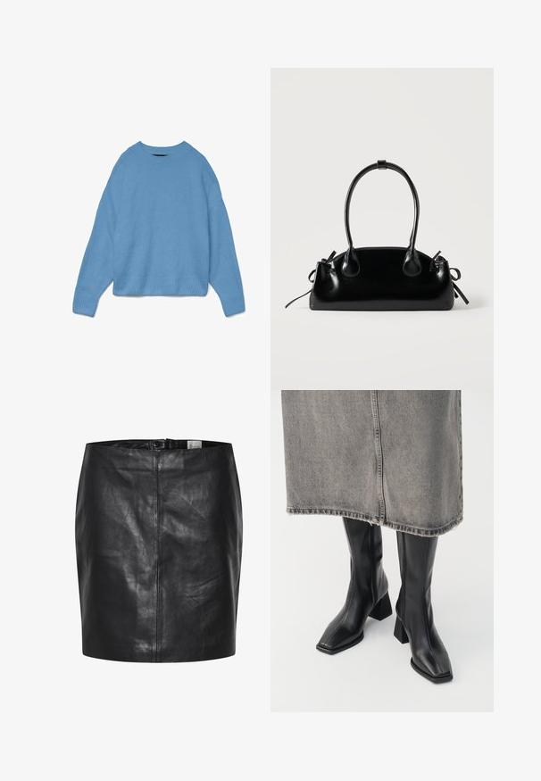 Lyseblå strikket sweater med rund halsudskæring, drop shoulder design og ribstrikkede manchetter og søm. Blød tekstur, afslappet pasform.; Sort læderskirt med en glat overflade, høj talje og lukning med knap foran. Har en slank, minimalistisk silhuet. Ingen mønstre eller accenter.; Sorte knæhøje støvler i glat læder med firkantet tå og blokeret hæl. Båret med en grå denimnederdel med flosset kant.; Lille sort blank håndtaske med to lange håndtag og snøre-detaljer i siden på en ensfarvet lys baggrund.