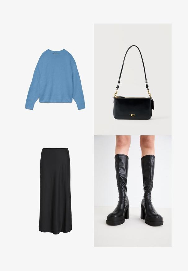 Lichtblauwe gebreide trui met een ronde halslijn, een drop shoulder ontwerp en geribbelde manchetten en onderrand. Zachte textuur, ontspannen pasvorm.; Zwarte maxi rok gemaakt van glad, lichtgewicht stof. Heeft een eenvoudige A-lijn silhouet met een licht uitlopende zoom en geen zichtbare sluitingen.; Zwarte kniehoge laarzen van glad leer, met een dikke plateauzool en blokhak, voorzien van gestikte details langs de randen.; Zwarte leren schoudertas met gouden ritssluiting, gouden gespsluiting en verstelbare band tegen een effen lichte achtergrond.