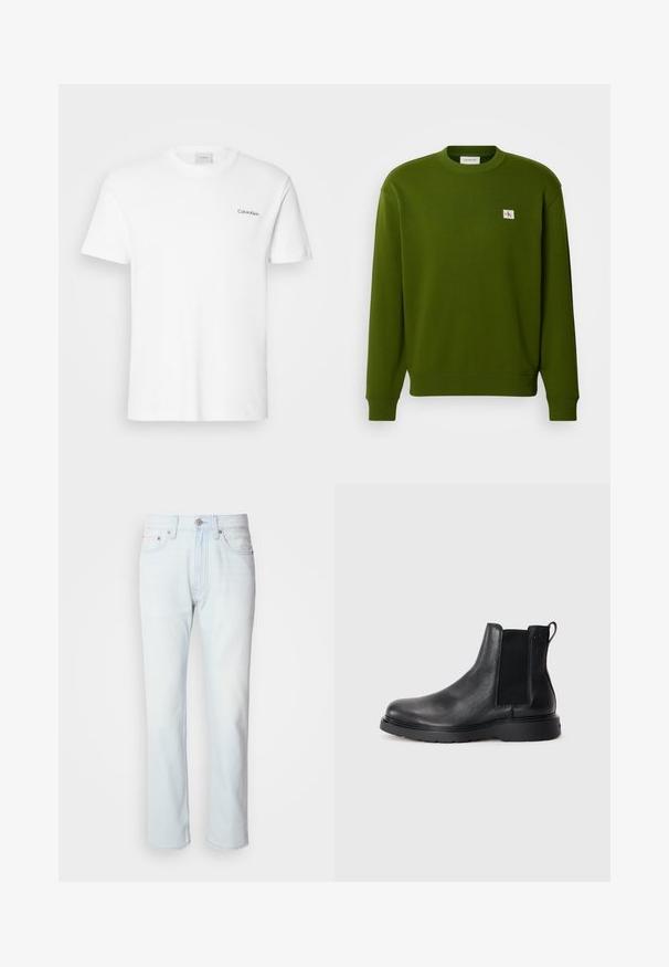 Grüner Baumwoll-Sweatshirt mit Rundhalsausschnitt, gerippten Bündchen und Saum. Verfügt über ein kleines gesticktes Logo in der oberen linken Ecke.; Weißes Baumwoll-T-Shirt mit kurzen Ärmeln und Rundhalsausschnitt. Mit einem kleinen schwarzen "Calvin Klein"-Logo auf der linken Brust.; Hellblaue Jeans mit geradem Bein. Verfügt über einen Knopfverschluss und Gürtelschlaufen, präsentiert eine ausgebleichte Textur und minimale Nähte.; Schwarze Leder-Chelsea-Boots mit strukturiertem Finish, elastischen seitlichen Einsätzen und einer robusten Gummisohle. Dezentes Branding an der Ferse.