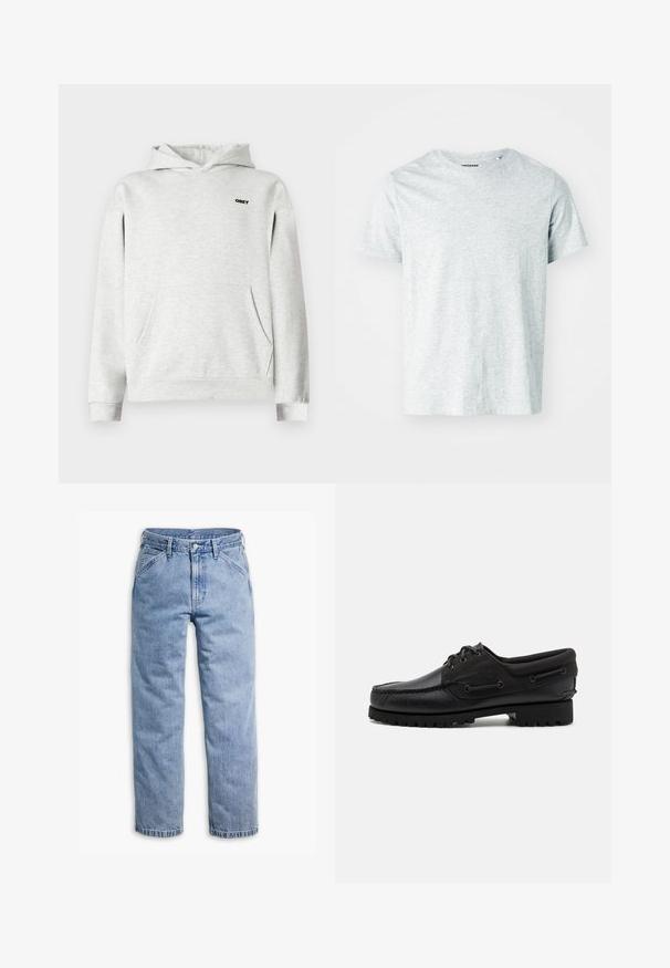Sudadera gris con capucha que presenta un bolsillo tipo canguro, puños acanalados y un pequeño logo negro en la parte superior izquierda del pecho. Tejido de algodón mezclado.; Camiseta de manga corta gris claro, confeccionada en una tela suave, con cuello redondo y un corte ligeramente relajado. Sin patrones ni gráficos visibles.; Vaqueros de mezclilla azul claro de pierna recta con cierre frontal de botón y cremallera, trabillas para cinturón y bolsillos delanteros inclinados.; Zapato negro con parte superior de cuero, acentos de textil, cordones redondos y suela de goma texturizada. Presenta costura de mocasín y detalle de marca.