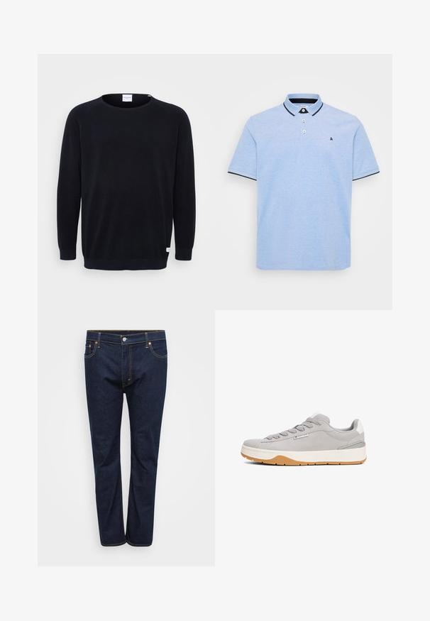 Sort strikket sweater med rund halsudskæring og lange raglanærmer. Har ribbede manchetter og kant, tekstureret stof og et lille mærke ved kanten.; Lyseblå polo skjorte med en to-knaps placket, kontrasterende mørk krave og kantdetaljer. Blødt bomuldsstof med en tekstureret overflade.; Mørkeblå denim jeans med lige ben, der har synlige stikninger i kontrasterende gul, fem lommer og en frontlukning med knap.; Grå ruskinds sneaker med tekstureret stof, runde snørebånd, gummisål og diskret branding. Har en polstret krave og en kontrastfarvet gummisål.